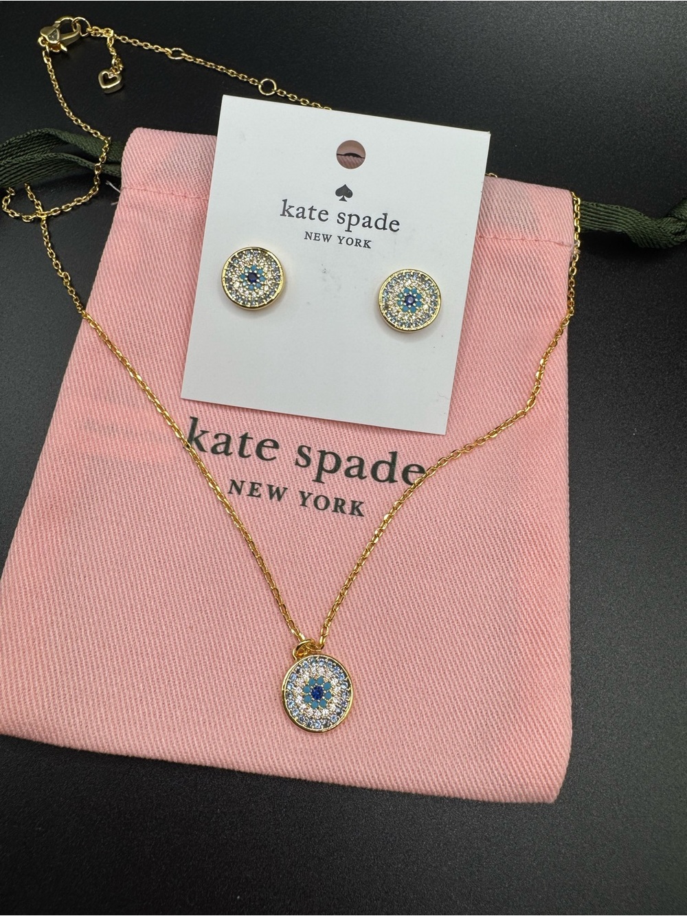 kate spade Gold-Tone Necklace and Stud Earrings with Blue and Clear Crystals